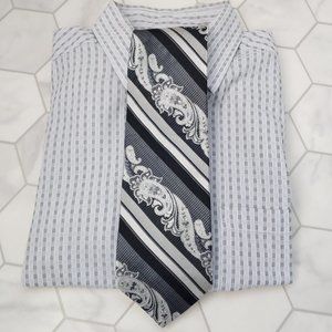 Excellent Used Condition Men's BACHRACH 100% Silk Black and Silver Paisley Tie.